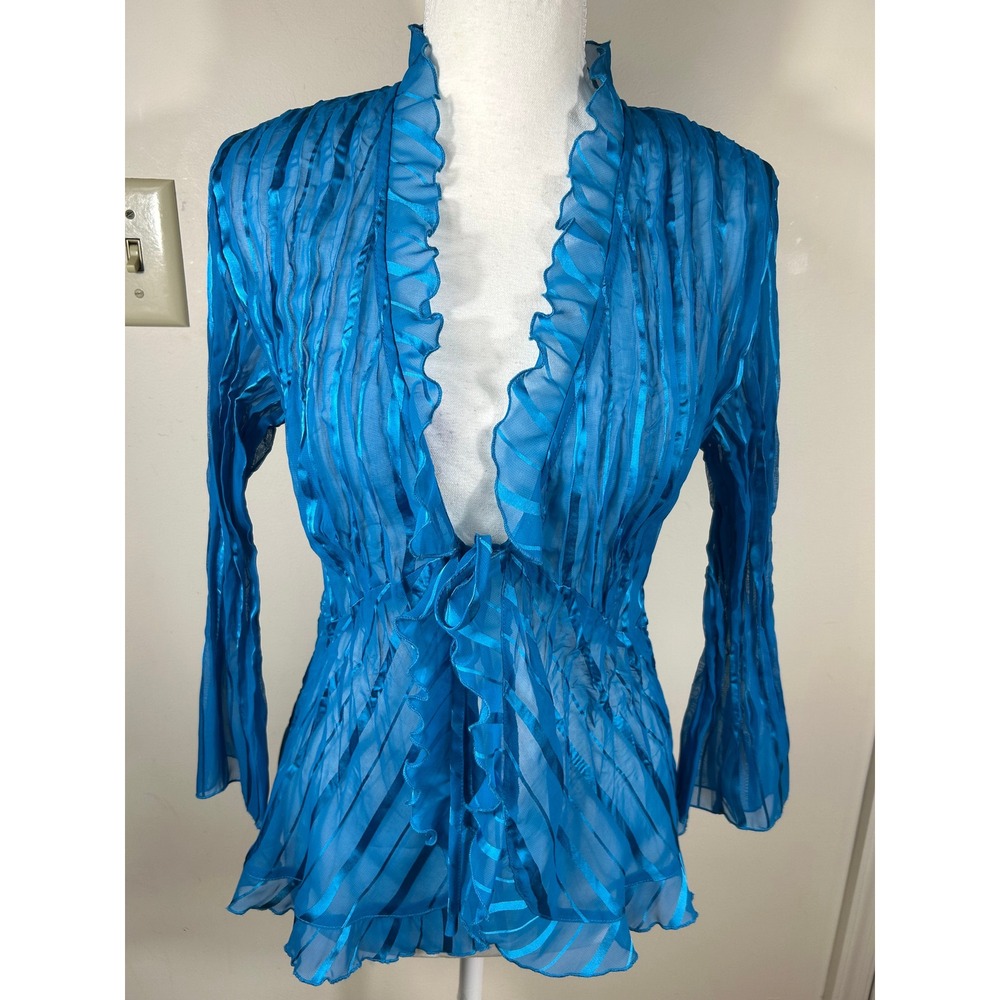 VTG Y2K Notations Ruffle Babydoll Fairy‎ Top Women S Blue Tie Front Stripe Sheer
